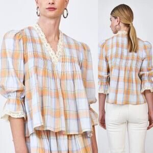 NEW Hunter Bell Pintuck 3/4 Sleeve Deep V-Neck Eyelet Trim Mia Plaid Top